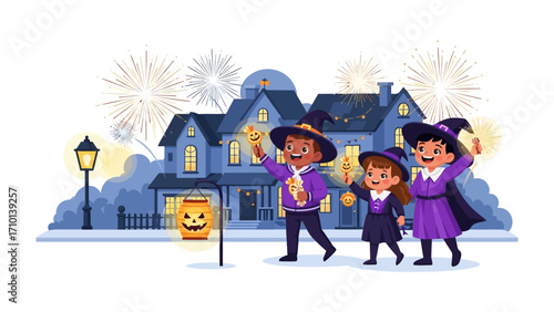 Halloween Night: A trio of children, dressed in enchanting costumes, gleefully embrace the magic of Halloween as they embark on a night of trick-or-treating.
