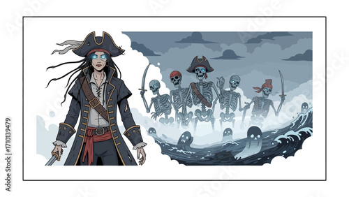 Fearless Pirate's Perilous Journey: An illustrated portrait of a fearless pirate, standing resolute amidst a surreal, dreamlike scene of skeletal crew.