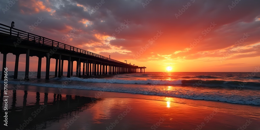 Fototapeta premium Golden sunset pier over tranquil sea