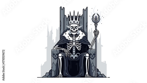 Crowned Skeleton King: An illustration depicts a skeleton king, seated on a throne with a crown and scepter, showcasing an image of authority, power and eerie darkness.