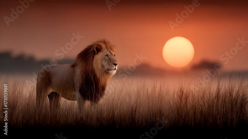 A lion's silhouette against a sunset backdrop, showcasing the beauty of wildlife