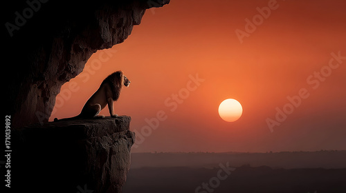 A lion's silhouette against a sunset backdrop, showcasing the beauty of wildlife