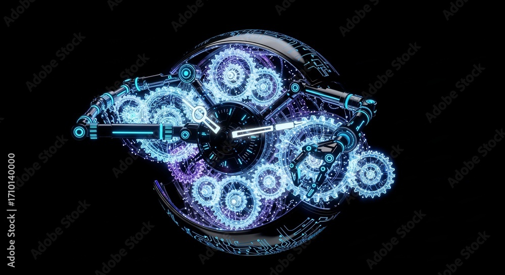 Fototapeta premium Abstract clock with glowing mechanical gears, robotic arms move gears. Conceptual illustration of technology, time, innovation, and artificial intelligence.