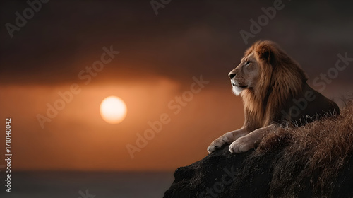 A lion's silhouette against a sunset backdrop, showcasing the beauty of wildlife