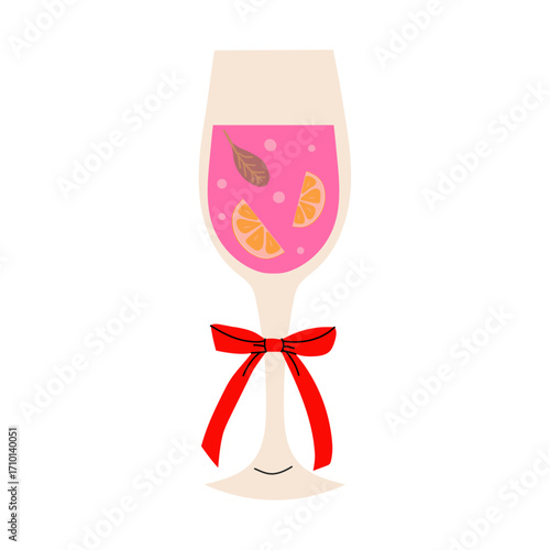 Festive glass of pink drink adorned with a red ribbon and citrus slices for a celebration