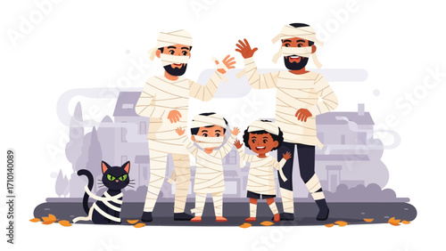Halloween Family Costume: A warm family dressed as mummies and a friendly black cat wrapped in bandages stand outside houses, capturing the spirit of Halloween.