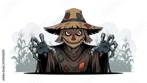 Sinister Scarecrow: This chilling illustration depicts a sinister scarecrow emerging from a cornfield, its menacing gaze and outstretched claws sending shivers down your spine.