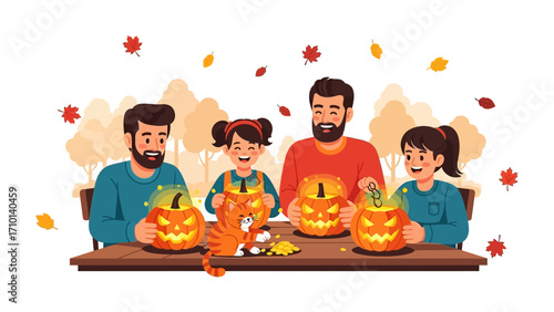 Family Pumpkin Carving Fun: A family of four and a cat are seated around a table, enjoying the seasonal tradition of carving jack-o'-lanterns.