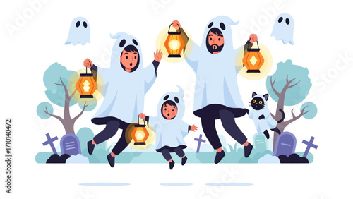 Ghostly Gathering: A cheerful family donned in playful ghost costumes joyfully celebrates Halloween, lantern in hand. They are captured against the backdrop of cartoonish scenery.