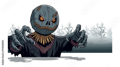 Scary scarecrow in a field: A creepy, menacing scarecrow, with piercing eyes and ominous gestures, stands guard over a field, creating a scene of unsettling fright.