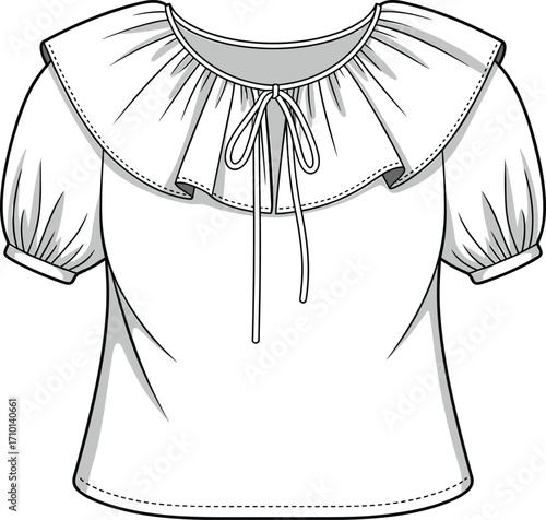 short sleeve blouse fashion illustration, puff sleeve top with ruffle collar, gathered neckline bow tie, loose fit garment design, blue outline sketch style