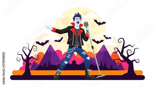 Halloween Rock Star's Serenade: A vibrantly illustrated rock star, with a spooky yet charming flair, captivates his audience. set amidst a haunting landscape with bats soaring against the moon.