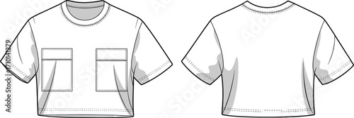 Technical flat sketch, short sleeve cropped t-shirt, front and back view, chest patch pockets with flaps, round neckline, apparel fashion design, garment construction illustration