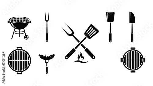 Barbecue grill and utensil icons isolated on white background