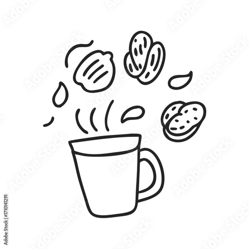 Cofee doodles vector icon.Vector cup of tea, cofee for menu cafe, bar, food, restaurant,isolated on the white background, with heart
