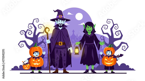 Halloween Gathering: A vibrantly illustrated Halloween scene, featuring a wizard, witch, and children dressed as pumpkins, all gathered under the moon.