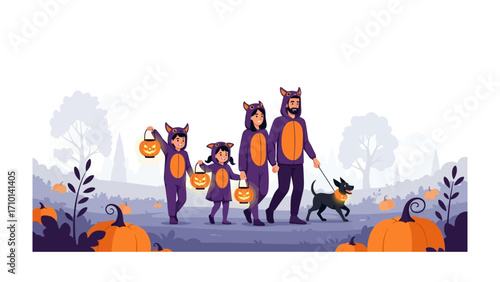 Halloween Family Costume Stroll: A happy family, donned in coordinating Halloween costumes, joyfully trick-or-treats together in a festive seasonal autumn scene.