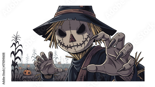 Halloween Scarecrow in Cornfield: A chilling scarecrow, depicted with menacing features, extends its straw-filled hands within a serene cornfield setting, hinting at the eerie spirit of the season.