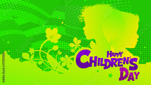 Happy children's day banner with kids silhouettes on green background