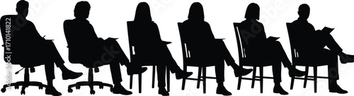 Silhouette of people sitting on chairs, business meeting illustration, waiting room concept, seated individuals, corporate scene, professional posture, teamwork