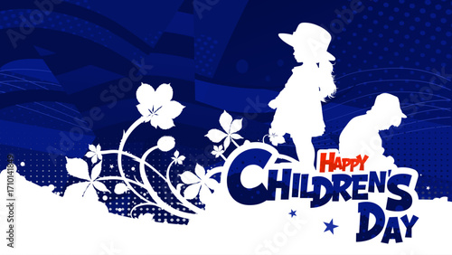 Happy children's day banner with kids silhouettes on blue background