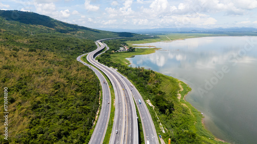 Drone shot The M6 motorway Nakhon Ratchasima Province - Bang Pa-in Lam Ta Khong River and Mountain. Motorway Korat Thailand