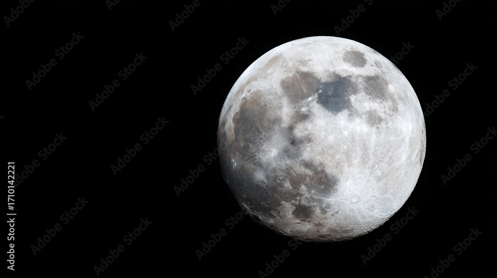 Fototapeta premium crater. The moon's rugged surface shines in stark detail against the vast darkness of space, a celestial marvel. STEM education sheets.