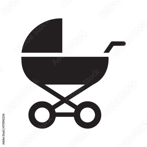 Baby carriage stroller icon. Black silhouette of a pram for newborn infant. Vector symbol for childcare and parenting.
