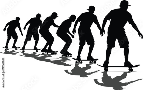 Silhouette sequence of skateboarder performing tricks, motion progression, skateboarding shadow play, urban sport, dynamic action, youth skating, outdoor activity, extreme sports