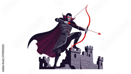 The Dark Archer: A stylized illustration of a formidable archer, poised atop a castle battlement, drawing back his bow. His presence embodies a perfect blend of mystery.