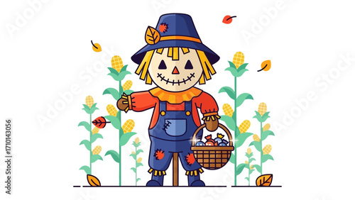 Autumn Scarecrow in Cornfield: A whimsical scarecrow, stands amidst a vibrant cornfield, painted with autumnal colors. It wears a friendly smile as it symbolizes the spirit of the harvest season.