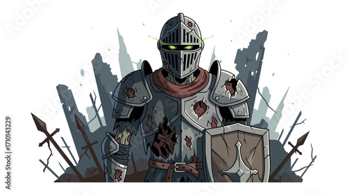 Undead Knight in Ruined Landscape: A spectral knight, armor battered and torn, stands defiantly amidst the desolation, his glowing eyes piercing through the ruins, a testament to enduring valor.
