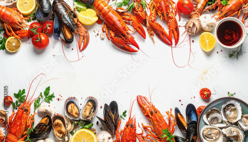 A display of seafood dishes on a white background featuring fresh ingredients ready for a dinner party with copy space