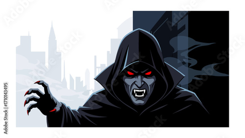 Vampire's Vengeance: A stylized vampire, embodying a dark narrative and thrilling aesthetic, against a silhouette of a foreboding city skyline and evoking a sense of suspense and impending terror.