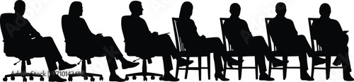 Silhouettes of business people seated in chairs, office waiting area concept, corporate staff posture, professional team meeting design