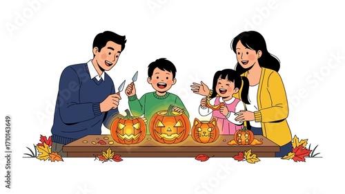 Pumpkin Carving Family Fun: A family gathers together, their faces alight with mirth as they meticulously carve intricate designs into vibrant pumpkins.