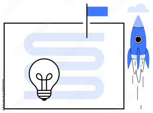 Lightbulb near a pathway design, flag marking goals, and a launching rocket. Ideal for creativity, innovation, goals, progress, strategy vision and achievement. Simple flat metaphor
