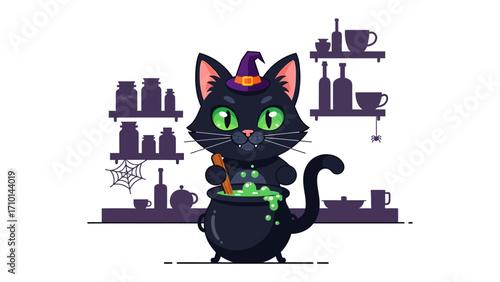 Halloween Black Cat Brewing Potion: A cute, animated black cat in a witch hat stirring a bubbling green potion in a cauldron against the backdrop of a spooky Halloween scene.