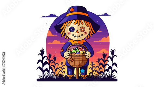 Harvest Sentinel: A charming scarecrow, standing sentinel over a field of golden corn, cradles a basket brimming with autumnal bounty. The scene, a visual poem to harvest and fall.