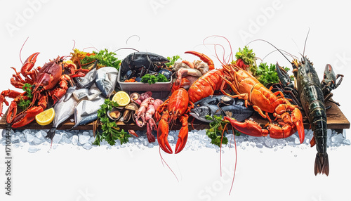Diverse table spread featuring a variety of fresh seafood in a harbor market setting isolated on a white background