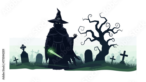 Enchanting Halloween Witch in Spooky Graveyard: An artistic portrayal of a shadowy witch, surrounded by the eerie atmosphere of a haunted graveyard.