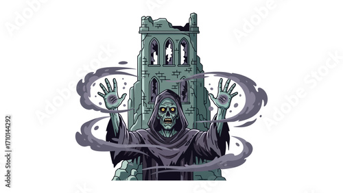 Necromancer's Ritual in Ancient Ruins: A spectral necromancer conducts a dark ritual amidst the crumbling remnants of a long-forgotten gothic structure, invoking spirits. 