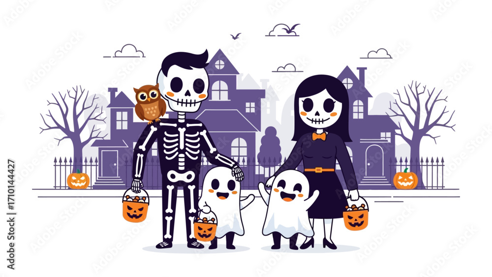 Fototapeta premium Spooky Family: A digitally crafted illustration, a spooky skeleton-costumed family, radiating the spooky allure of the Halloween season.