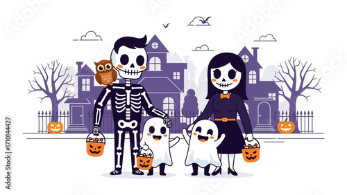Spooky Family: A digitally crafted illustration, a spooky skeleton-costumed family, radiating the spooky allure of the Halloween season.