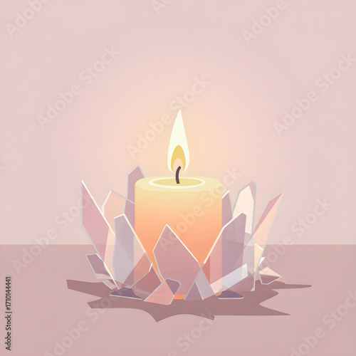 Candlelight illuminates the glass shards and glows softly in a transparent coil against a gorgeous pale background.