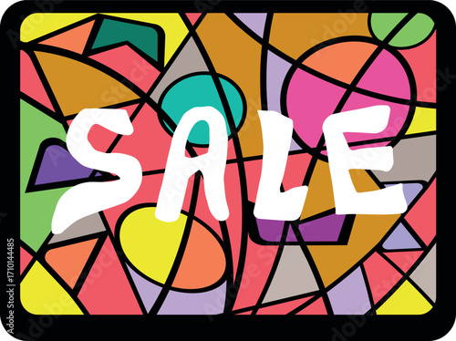 Colorful sale banner featuring abstract shapes and vibrant colors with bold lettering designed to attract attention to discounts