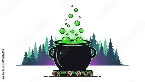 Mystical Cauldron Brew: A witch's cauldron simmers over a log fire, with a bubbling green potion inside, set against a backdrop of silhouetted forest trees, capturing a spooky, enchanting scene.
