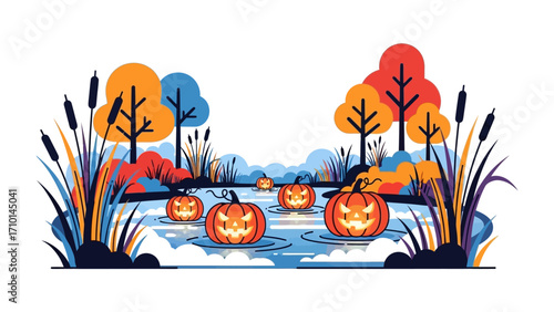 Halloween Pond Illustration: Spooky jack-o'-lanterns float serenely on a pond, with stylized trees in the background creating a festive and evocative autumn scene.