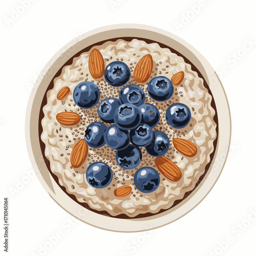 Oatmeal Bowl with Blueberries Almonds and Chia Seeds Vector