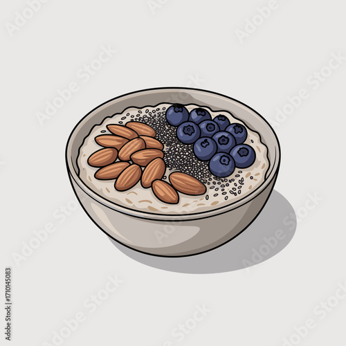 Oatmeal Bowl with Blueberries Almonds and Chia Seeds Vector